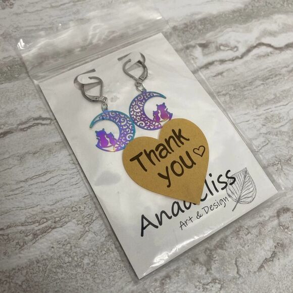 Anadeliss Handmade Crescent Moon Cats Rainbow Steel Etched Earrings Halloween - Picture 9 of 9